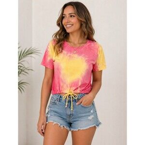 Tie Dye Crop Top Women’s Pink Yellow Drawstring Hem Short Sleeve Y2k Size L